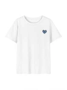 女士宽松爱心图案T恤 - 蓝色字母印花背面白色T恤，Y2K街头风，落肩休闲宽松上衣，复古朋克短袖T恤 夏季 - 白色 - 查看 6