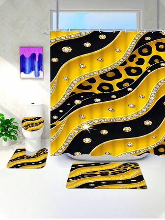 1/4pcs Black & Gold Leopard Print Rhinestone Bathroom Set, Suitable For All Seasons And Festivals, And Luxurious Style, Includes Curved Shower Curtain Hook, Toilet Lid Cover, Bath Mat, Etc. With Black & Gold Wave Pattern + Leopard Print Elements, Decorated With Sparkling Rhinestones, Luxurious And Eye-Catching Texture, Suitable For Bathroom Decor Or As A Unique Gift