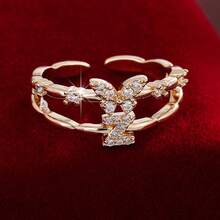 1pc Letter Design Cubic Zirconia Inlaid Adjustable Open Ring For Women - Multicolor - View 3