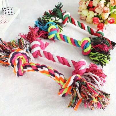 1pc Durable Braided Rope Dog Toy, Suitable For Small Dogs - Multi-Color (Pink, Green, Blue, Yellow, White, Black) - Includes Knotted Chew Bone Toy For Dental Cleaning, Ideal For Pomeranian, Chihuahua, Shih Tzu Puppies