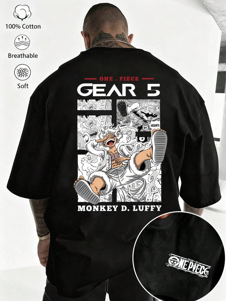 1件男女通用纯棉卡通印花圆领短袖T恤，休闲宽松版型，时尚舒适，适合所有季节。 - 黑色 - 查看 1