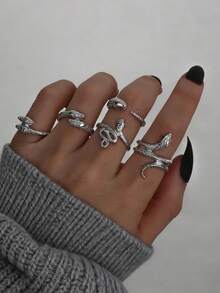 5pcs/Set Punk Style Snake Pattern Rings, Vintage Exaggerated Animal Snake Design Rings For Women - Silver - View 6