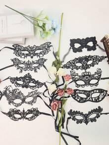 10pcs Lace Mask For Masquerade Party Performance, Soft & Skin-Friendly Sexy Ladies Mask (Random Style) Halloween - Black - View 7