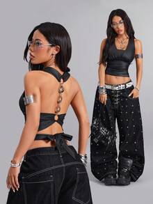Spring Women's Fashion Sexy Hot Girl Style Pure-Aesthetic Halter Neck Cami Top / Niche Design With Bow Detail & Metal Ring Chain Tie-Back Lace-Up / Women's Black Backless Vest / Suitable For Nightclubs / Vacation Travel / Street Photography / Holiday Parties / Music Festivals / Valentine's Day Outfits - Black - View 2