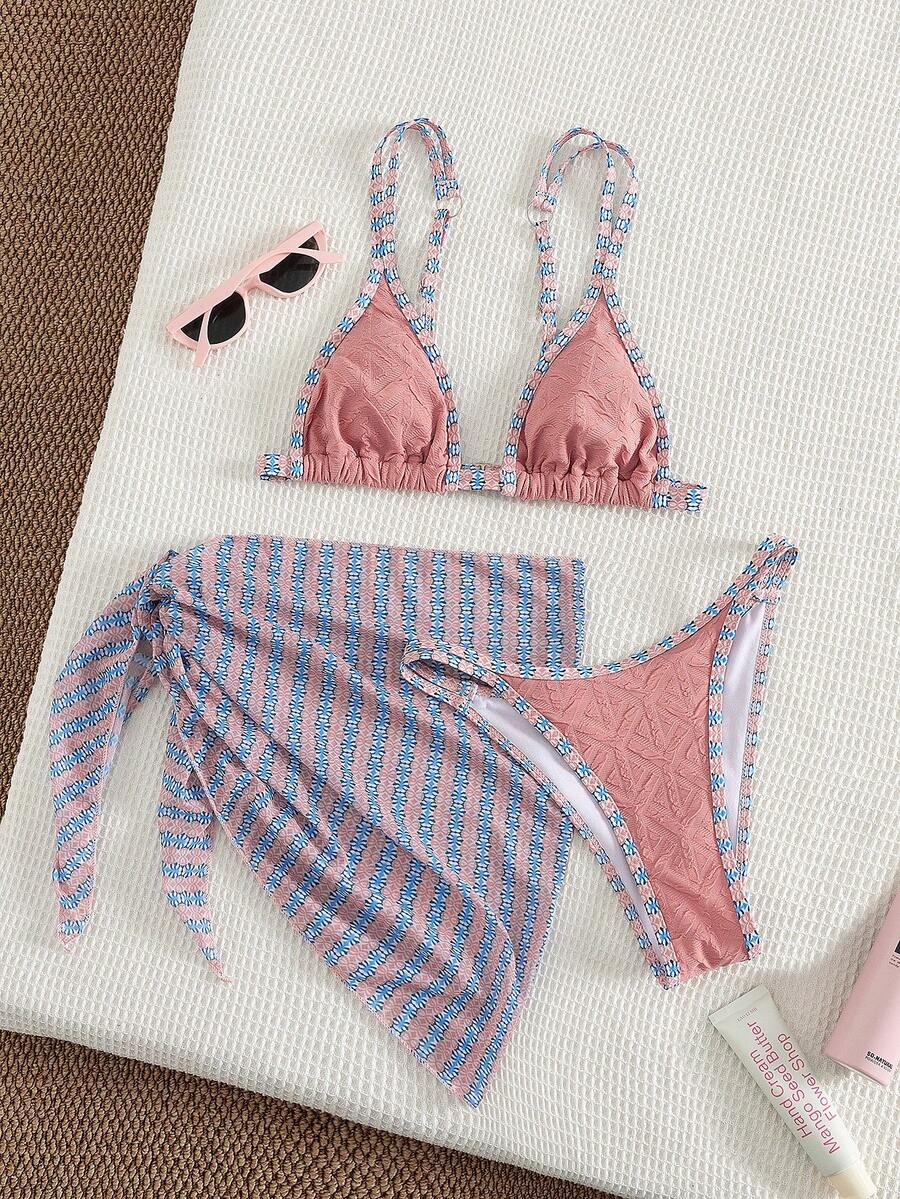 时尚性感三件套，特殊面料，年轻女士比基尼沙滩度假印花泳装套装。腰围和胸围可调节，适合夏季度假。 - 珊瑚橙 - 查看 1