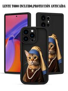 1 pieza funda de teléfono con diseño de gato en estilo clásico inspirado en pintura renacentista con perlas y pañuelo azul, estilo artístico y elegante ideal para amantes del arte y lo sofisticado, TPU suave, protección completa antiimpacto y antideslizante, compatible con iPhone17 ProMax/16/15/14/13/12/11/Plus/Pro/ProMax, compatible con Galaxy A34/A35/A54/A55, Galaxy S20/S21/S22/S23/S24/S25 Ultra/Plus, compatible con Galaxy/Redmi/Honor/OPPO/ViVo - Negro - Ver 9