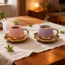 2pcs Ceramic Coffee Cup & Saucer Set, Macaron Colors Electroplated Silver/Gold/White/Black, 90ml Capacity, Couples Gift, Home/Party Use For Coffee, Tea, Water - Multicolor - View 4