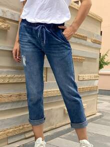 Women's Fashionable & Versatile Casual Comfortable Ripped Hem Drawstring Waist 9/10 Length Jeans - Dark Wash - View 3