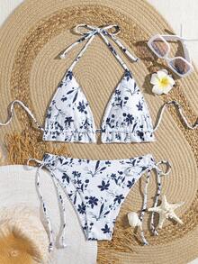 Bộ bikini hai mảnh kiểu boho họa tiết hoa, cổ yếm, viền bèo nhún và dây buộc bên hông, chất liệu co giãn. - Nhiều màu - Xem 4