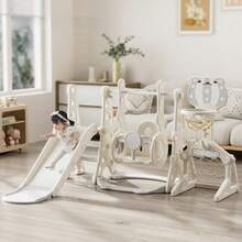 滑り台 すべり台 幼児用 滑り台とブランコセット バスケットゴール サッカーゴール ボールゴール ブランコ三段階調整可 遊具 室内遊具 屋内 家庭用 大型遊具 プレゼント 耐荷重40kg - カーキ + ホワイト - チェックする 11