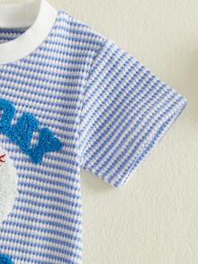 Baby Boy Summer Clothes Newborn Bubble Romper Short Sleeve Baseball Embroidery Jumpsuit One Piece Infant Baseball Outfit - 藍色 - 查看 4