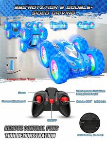 1辆360°旋转四驱越野赛车，2.4GHz双向漂移特技车，带LED灯，可充电四驱遥控特技车玩具，室内外皆宜，适合4-12岁男孩女孩，圣诞节、万圣节、复活节、新年、生日礼物（蓝色） - 彩色 - 查看 4