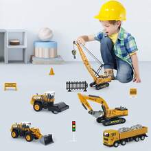 儿童工程车玩具套装 1:55 合金压铸起重机玩具挖掘机叉车推土机汽车模型 生日圣诞礼物 - 彩色 - 查看 3