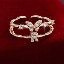 1pc Letter Design Cubic Zirconia Inlaid Adjustable Open Ring For Women - Multicolor - View 34