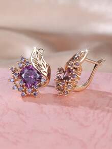 1 Pair Champagne Gold Plated Floral Earrings Full Purple CZ Bloom Design Circular Shape Hypoallergenic Women's Luxury Jewelry Anniversary Valentine Christmas Gift Collection. - Multicolor - View 8