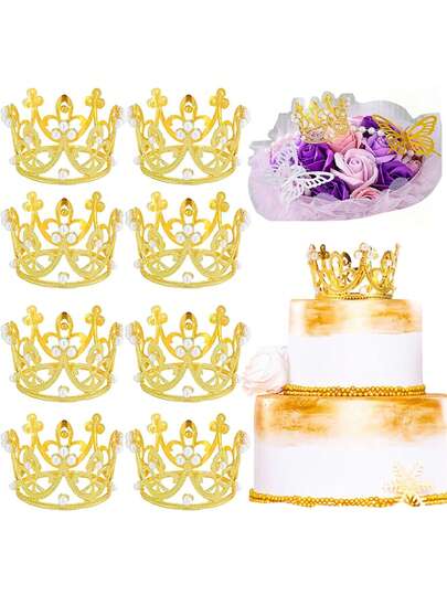 1~12 piezas Decoración de tarta con corona, arreglos florales con mini coronas doradas, diadema de perlas vintage tipo corona de princesa para San Valentín, cumpleaños, boda y fiestas