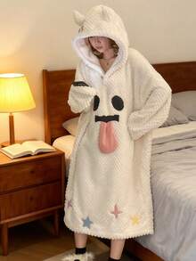 女士超柔软荷叶边及踝加厚抓绒睡袍，时尚荷叶边装饰，带侧袋，柔软保暖长款浴袍，毛绒SPA睡袍，家居服，睡衣，带口袋