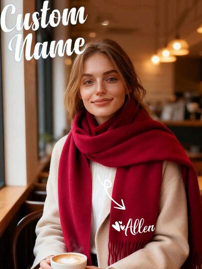 Customized Unisex Solid Color Embroidered Faux Cashmere Warm Scarf, Personalized Floral Embroidery Long Shawl With Tassels, Christmas Accessory, Daily Fashion, Colorful, Retro, Minimalist, Stylish, Autumn Fashion