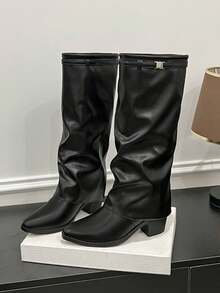 Botas altas de talla grande de otoño 2025, botas de mujer con tacón grueso adelgazante y sin brillo, botas de moda - Negro - Ver 8