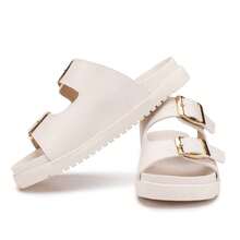 Sandália Estilo Papete Flatform Feminina Moderna Versátil Estilosa com Detalhe em Fivela Confortável para uso Diário  Verão 2025 - Branco - Visão 2