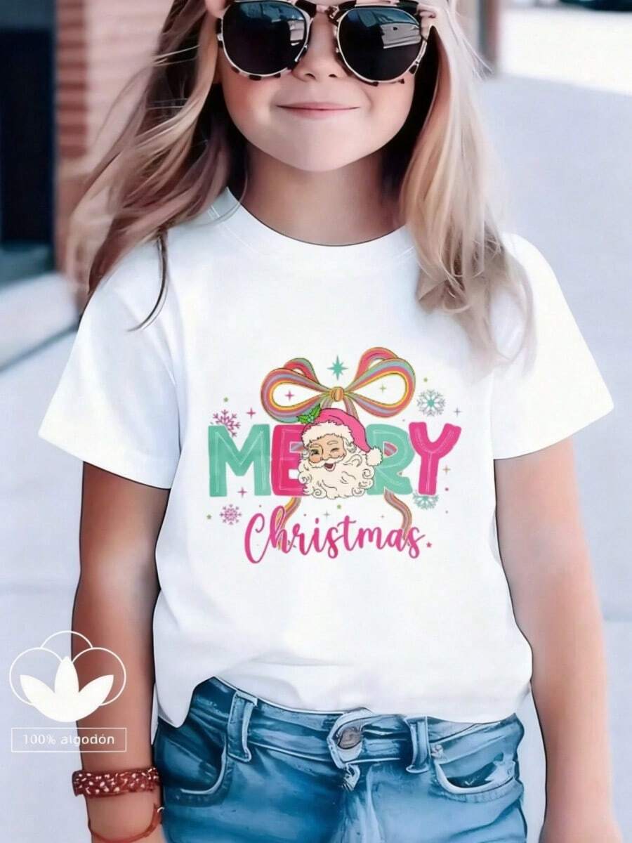 Esta nueva camiseta de manga corta para niñas, 100% algodón, luce modernos estampados de Elementos navideños, informal y versátil. Confeccionada con un tejido suave y delicado con la piel, es suave con la piel sensible de tu hija, permitiéndole libertad de movimiento y comodidad durante reuniones familiares, actividades escolares o juegos al aire libre. - Blanco - Ver 1