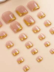 24pcs Short Square Nail Stickers, French Minimalist Gold Trim Design, Summer Nails, Sweet & Fresh Style, Suitable For Women And Girls Daily, Travel & Holiday Nail Art Supplies - Multicolor - View 5