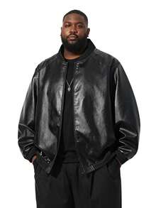 加大码PU皮夹克，棒球领休闲外套，四季皆宜 - 黑色 - 查看 3