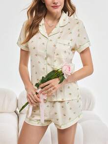 Bonmuse 2pcs/Set Women's Small Floral Printed Summer Pajama Set, Short Sleeve Button-Down Shirt And Shorts, Casual Loungewear For Summer., Two Pieces Set