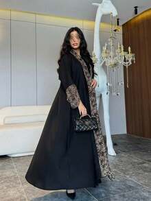 两件套女士夏季豹纹拼接睡袍配头巾套装 黑色 春季 - 黑色 - 查看 4