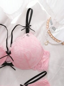 2 Piece Women's Lace Heart Bow Decor Fashion Lingerie Set Lace Bra Set Matching Lingerie Set Panties And Bra Set Pink Lace Lingerie Set Comfortable And Elegant Details - 粉色 - 查看 4