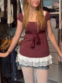 Women Y2K Fairy Grunge Babydoll Shirt Top Polka Dots Print Scoop Neck Back Bow Tie Up Flowy T Shirts Summer Cap Sleeve Back Smocked Slim Fit Crop Tank Tops Teen Girsl Cute Preppy Going Out Tee Top Vintage Aesthetic Fairycore Clothes Streetwear - Màu Đỏ Sâu - Xem 3