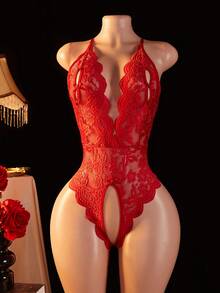 蕾絲無襠性感內衣連身背心,有彈性,誘人的,個性化 - 酒紅色 - 查看 6