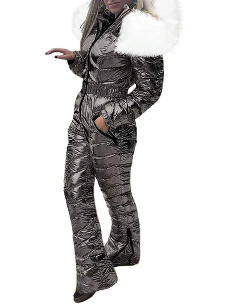 Fisoew Women's Winter Coats With Fur Collar, Thermal Snowsuit Ski Jacket Set Windproof Waterproof Warm Jumpsuit Snowboard Pants - Z-như-hình-ảnh - Xem 1