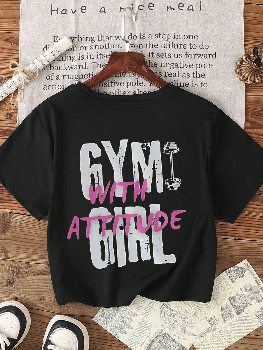 Sommer Fitness Mädchen T-Shirt mit Hantel Muster Design, modisch für den Sommer