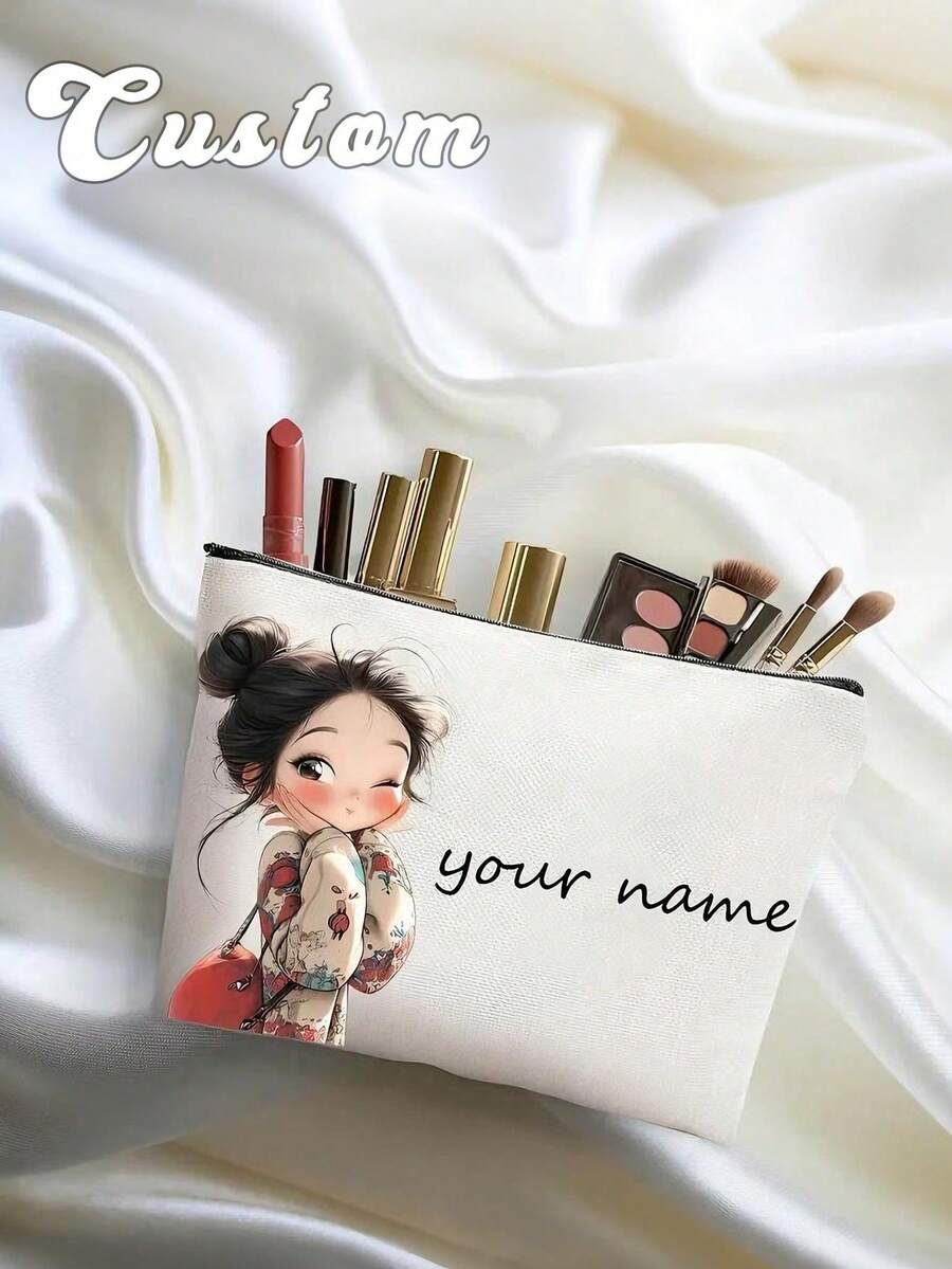 Custom Cosmetic Bag, Custom Letter Name Logo Storage Bag, Can Be Customized According To Your Unique Design, Lightweight Zipper Cosmetic Bag, Coin Purse, Pencil Case, Perfect For Shopping, Dating, Vacation, Travel, Holidays, Parties Or As A Valentine'S Day Gift For Your Girlfriend, New Year'S Gifts, Valentine'S Day Gifts
