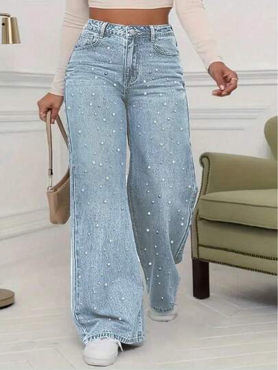 Jeans de pierna recta para mujer - Diseño con decoración de perlas, talle medio relajado, sin estiramiento, efecto lavado clásico