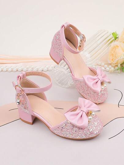 Zapatos de niña de las flores para boda, fiesta, vacaciones, adecuados para niñas de todas las edades, zapatos infantiles, clásicos cómodos y versátiles, zapatos de tacón con lazo rosa dulce y perla, vestido formal, actuación, ballet, zapatos de princesa, zapatos con lentejuelas brillantes y calados