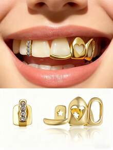 2 piezas Dientes Grillz para Mujeres - Tapas de Dientes Huecas Doradas | Grillz de Plata para Tus Dientes | Joyería Chapada en Oro de 14K para Cosplay y Moda con Barra Moldeadora Extra - Multicolor - Ver 1