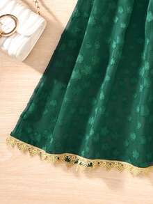 Vihyde 1件中东风格提花饰边薄纱喇叭袖连衣裙，适合青少年女孩，橄榄绿 - 綠色 - 查看 8