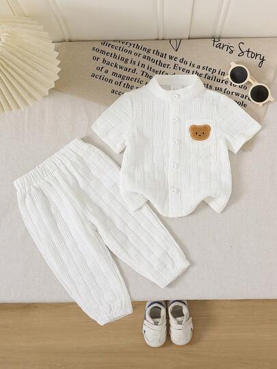 2件套男婴纹理口袋熊刺绣衬衫和裤子街头时尚儿童套装