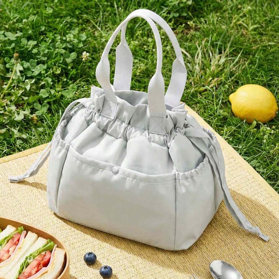 Cute Reusable Insulated Drawstring Lunch Bag For Women – Stain-Resistant, Water-Repellent & Spacious Thermal Lunch Tote With Multi-Pocket Design For Drinks, Snacks, Utensils, Easy-To-Clean EVA Interior, Premium Oxford Cloth & EPE Insulation, Perfect For Office, Work, Picnic, Travel, Camping, Stylish & Practical Christmas Gift For Friends, Family & Colleagues - 淺灰色 - 查看 1