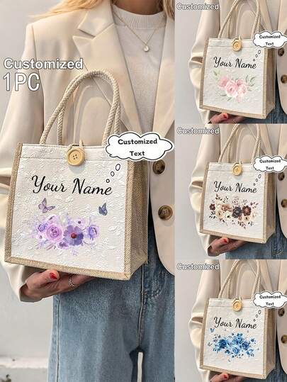 Customizable Name And Floral Print Linen Tote Bag - Khaki Large Size. Photos, Letters, Names, Logos, And Diy Patterns Can Be Printed On It. This Large-Capacity, Casual, Simple, And Lightweight Shopping/Storage Bag Is Suitable As A Gift For Female Friends, A Teacher'S Day Gift, A Wedding Favor, And Also For Travel, School, Work, Commuting, And Other Occasions.