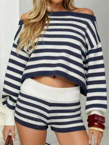 Women Striped Crop Sweater Loose Off Shoulder Long Sleeve Pullover Knit Tops Casual Winter Fall Clothes - 藏青色 - 查看 1