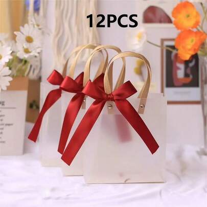 12个装，透明手提袋+丝带，3种颜色可选，蝴蝶结图案，节日礼品手提袋，生日伴娘最爱糖果袋，塑料礼品袋，购物袋，珠宝戒指、项链、耳环盒，伴娘最爱婚礼糖果包装