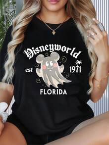 Disneyworld Ghost Mickey Mouse Est 1971 Florida T Shirt Women Casual Summer TopWomen's T-Shirt With Round Neck And Short Sleeves, Disney Theme Fun Printing, Suitable For Christmas Partysports Activitiesholiday PartiesoutingsNew Year Gift Sports And Other Holiday Gifts (220g). - 黑色 - 查看 1