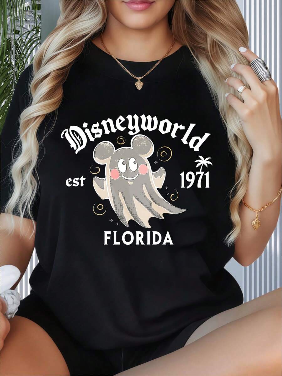 Disneyworld Ghost Mickey Mouse Est 1971 Florida T Shirt Women Casual Summer TopWomen's T-Shirt With Round Neck And Short Sleeves, Disney Theme Fun Printing, Suitable For Christmas Partysports Activitiesholiday PartiesoutingsNew Year Gift Sports And Other Holiday Gifts (220g). - 黑色 - 查看 1