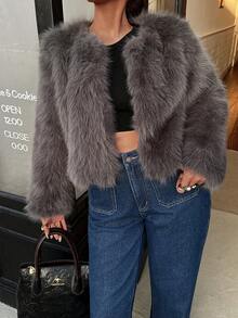 Seelio 女式法式时尚简约休闲圆领长袖仿皮草效果短款夹克外套，秋冬 - 灰色 - 查看 5