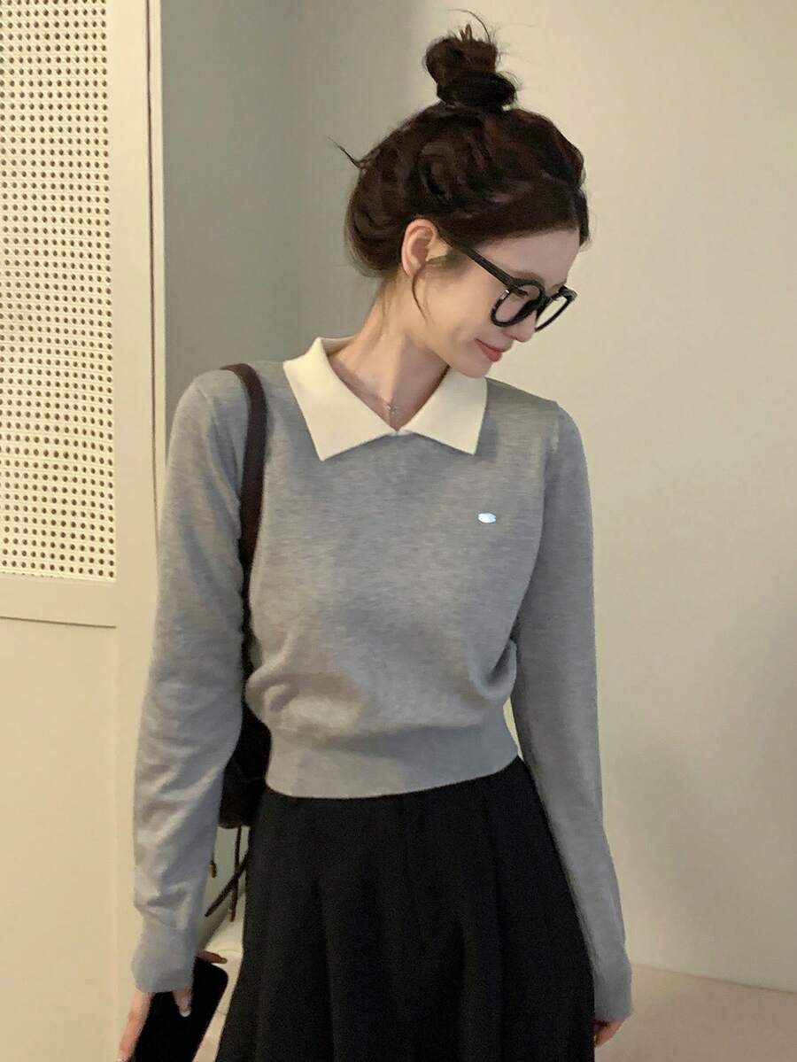 Korean Style Polo Collar Autumn/Winter New Short Cropped Top, Lightweight Sweater, Color Block, Long Sleeve Women Knit Pullover Casual Fall - Grey - View 1