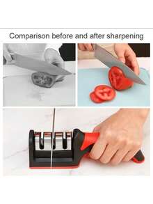 Knife Sharpener Handheld Multi-Function 3 Stages Type Quick Sharpening Tool With Non-Slip Base Kitchen Knives Accessories Gadget, Kitchen Accessories - Black - View 7