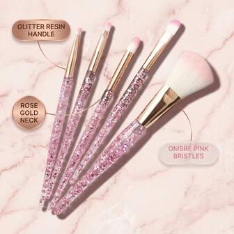 5-delars hett säljande rosa glitter kristallhandtag sminkborsteset – mjuka borst multifunktionella kit (rouge- och ögonskuggsborstar), hudvänliga viktiga skönhetsverktyg för daglig smink och resor